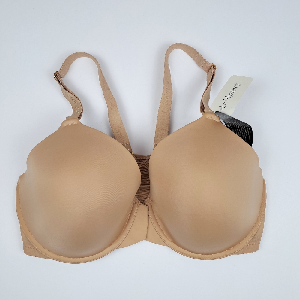 Le Mystere Signature Comfort Y Back Bra 36F Beige Underwire Front Close. NWOT